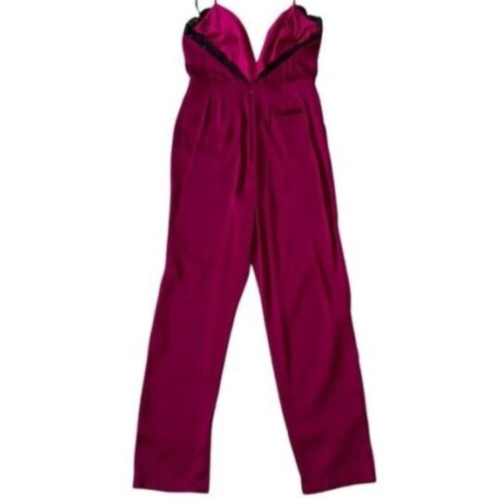 Wine raspberry satin Lovers + Friends Jumpsuit black lace trim on back s…